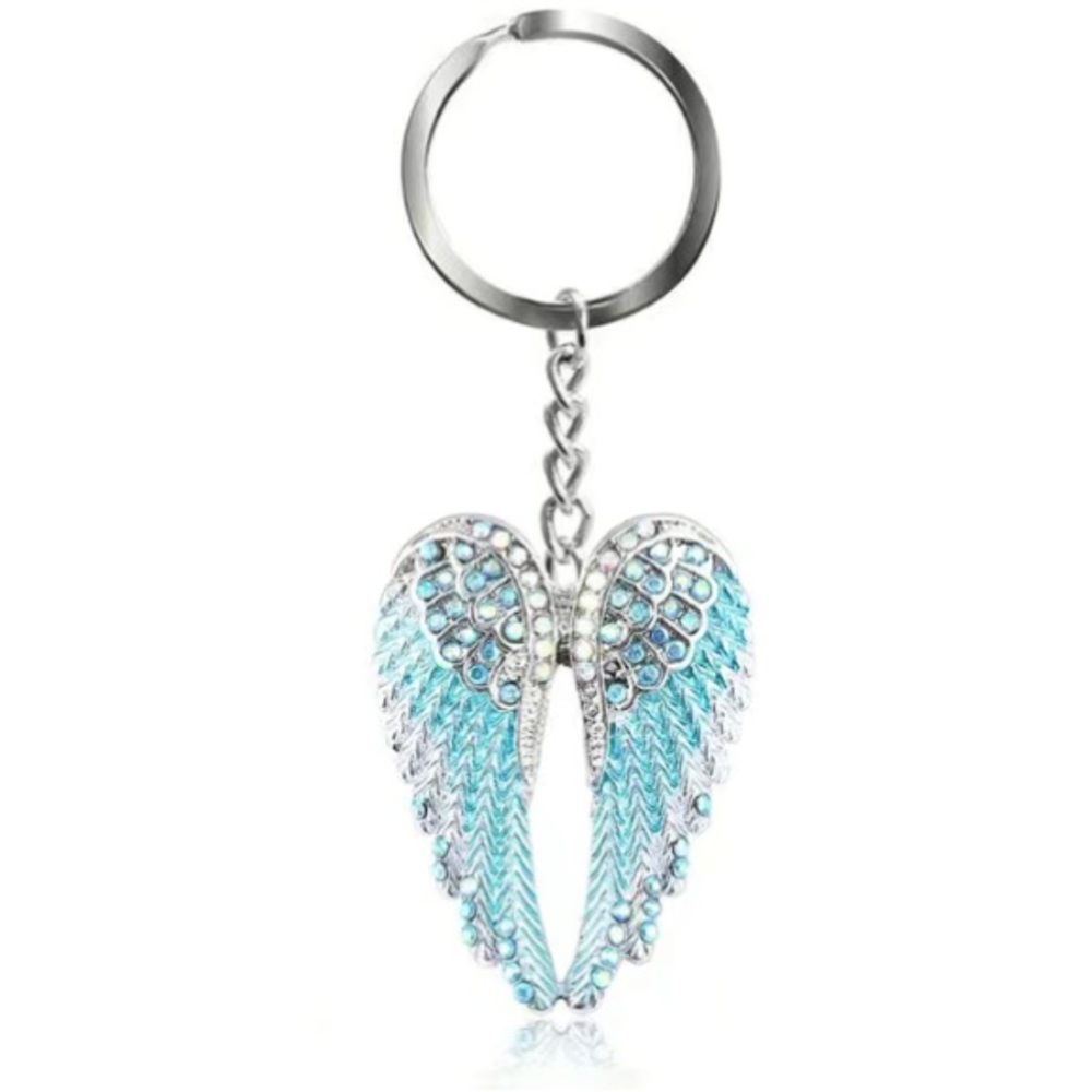 Angel Wings Blue Pendant Keychain Handbag Jewelry Inlaid Rhinestone Enamel New - Picture 8 of 12